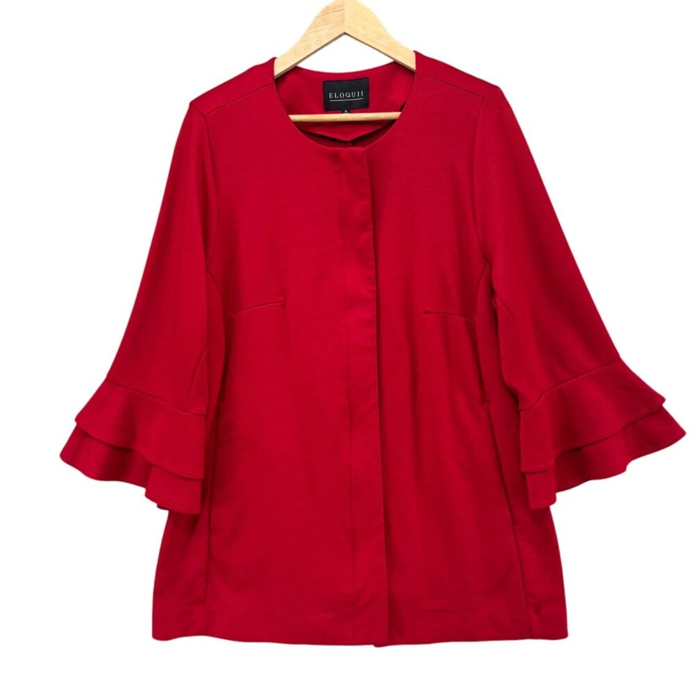Eloquii Bell Sleeve Jacket Womens Solid Red Knit Full Zip Pockets Size 16
